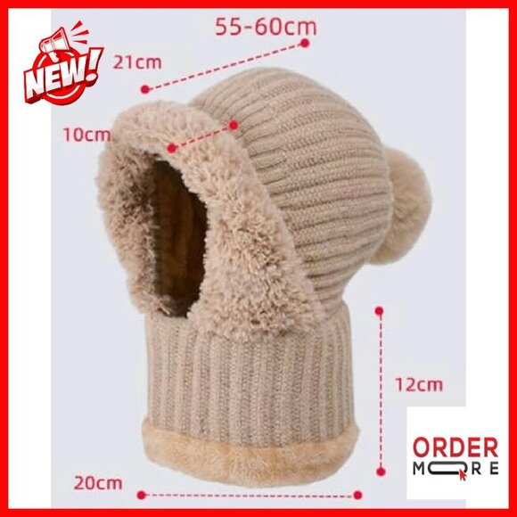 Fleece Lined Knit Beanie Hat Scarf Mask Set Pompom Winter Warm main image 8